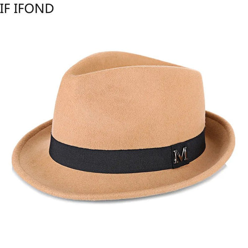 Men's winter felt fedora hat by MANDOTOS INTERNATIONAL, thick wool jazz cap with narrow brim and classic Homburg style.