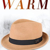 Men's winter felt fedora hat by MANDOTOS INTERNATIONAL, thick warm wool jazz cap with narrow brim and classic Homburg style.