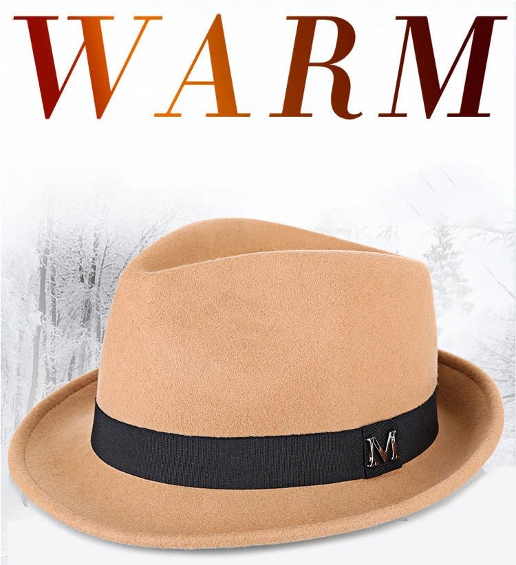 Men's winter felt fedora hat by MANDOTOS INTERNATIONAL, thick warm wool jazz cap with narrow brim and classic Homburg style.