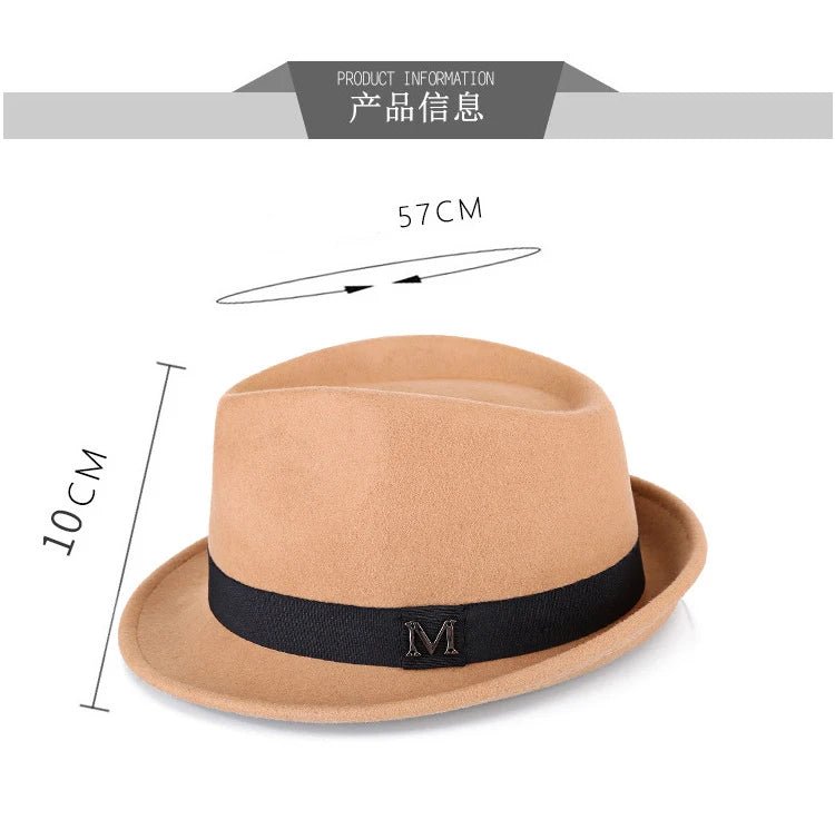 Men's winter felt fedora hat by MANDOTOS INTERNATIONAL, thick wool jazz cap with narrow brim, classic formal top hat for men.