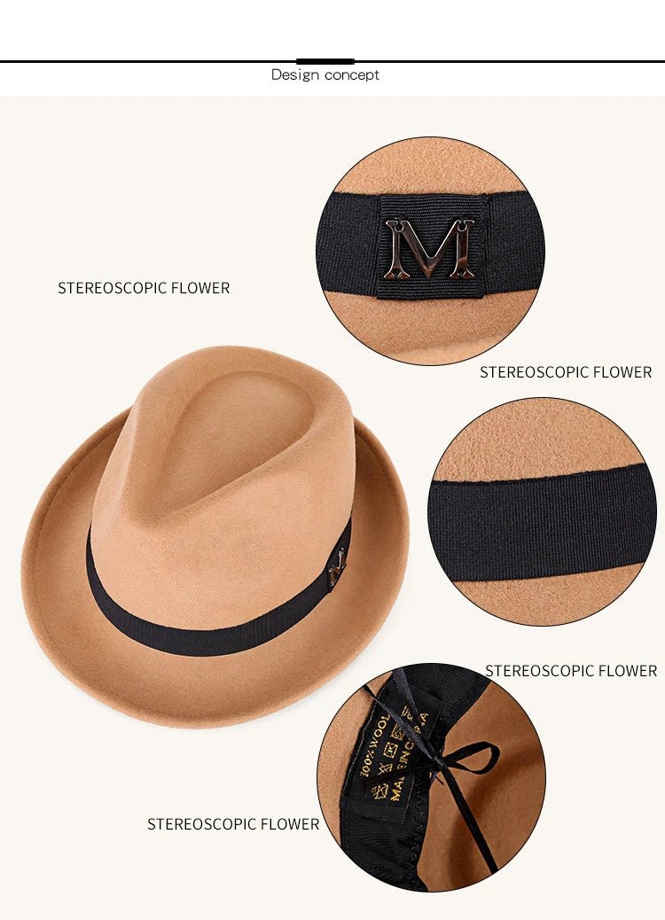 Men's winter felt fedora hat with narrow brim, wool, classic jazz style, by MANDOTOS INTERNATIONAL, perfect for cold weather.