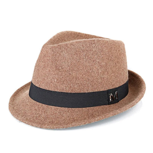 Men's winter felt fedora hat by MANDOTOS INTERNATIONAL, thick warm wool jazz cap with narrow brim, classic Homburg style for men.