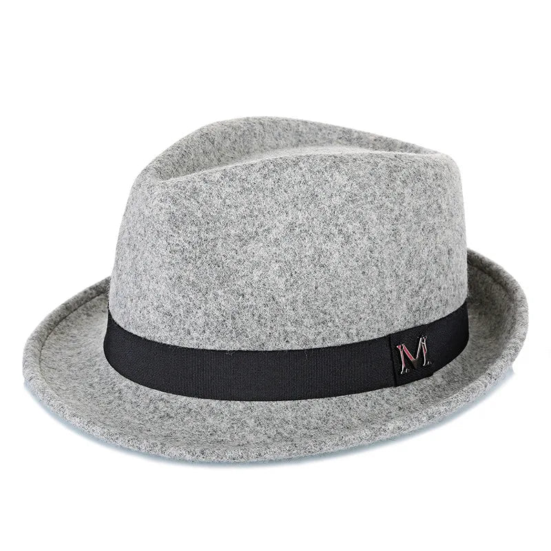 Men's winter felt fedora hat by MANDOTOS INTERNATIONAL, warm wool jazz cap with narrow brim and classic Homburg style.