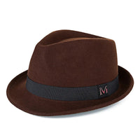 Men's winter felt fedora hat by MANDOTOS INTERNATIONAL, thick warm wool jazz cap with narrow brim and classic Homburg style.