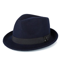 Men's winter felt fedora hat by MANDOTOS INTERNATIONAL, thick warm wool jazz cap with narrow brim and classic Homburg style