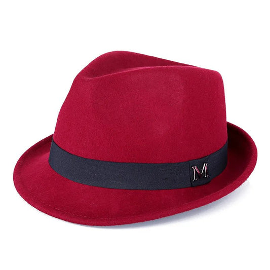 Men's winter felt fedora hat by MANDOTOS INTERNATIONAL, thick warm wool top hat with narrow brim, classic jazz and Homburg style.