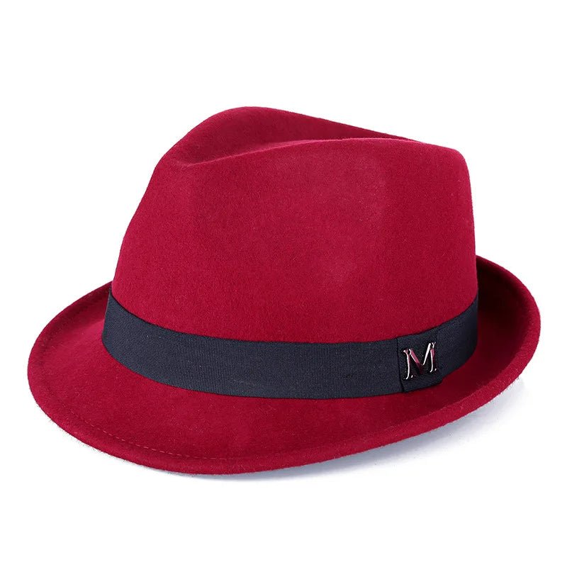 Men's winter felt fedora hat by MANDOTOS INTERNATIONAL, thick warm wool top hat with narrow brim, classic jazz and Homburg style.