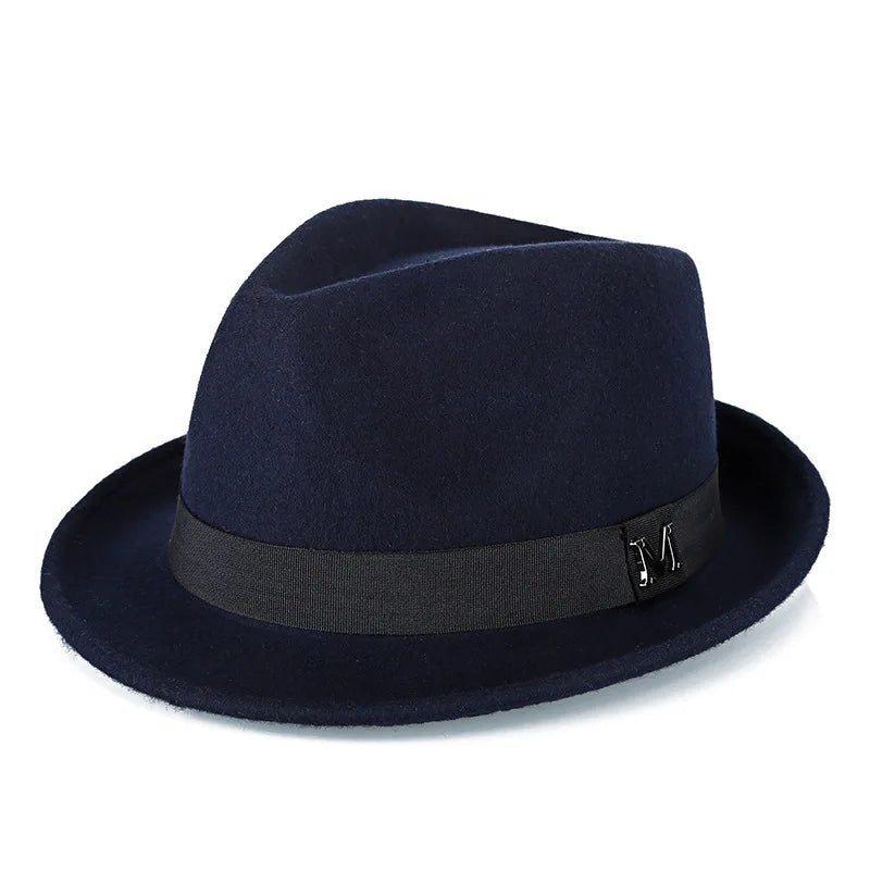 Men's winter felt fedora hat by MANDOTOS INTERNATIONAL, thick warm wool jazz cap with narrow brim, classic gentleman's top hat style.