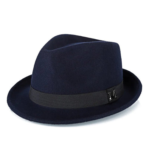 Men's winter felt fedora hat by MANDOTOS INTERNATIONAL, thick warm wool jazz cap with narrow brim, classic gentleman's top hat style.