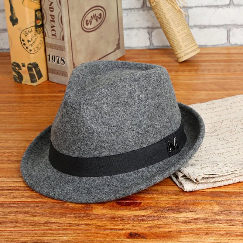 Men's winter felt fedora hat by MANDOTOS INTERNATIONAL, thick wool jazz cap with narrow brim and classic Homburg style.
