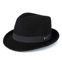 Men's winter felt fedora hat by MANDOTOS INTERNATIONAL, warm wool jazz cap with narrow brim and classic Homburg style.