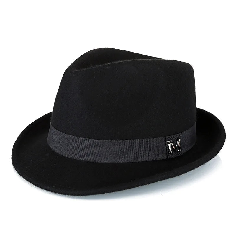 Men's winter felt fedora hat by MANDOTOS INTERNATIONAL, warm wool jazz cap with narrow brim and classic Homburg style.