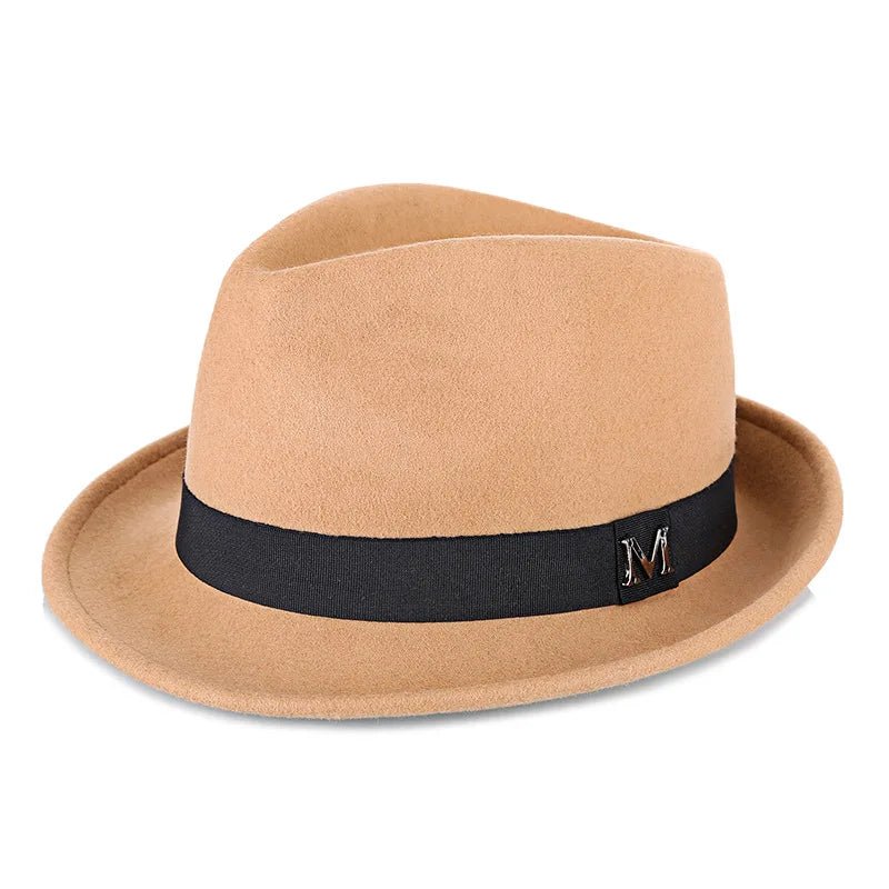 Men's winter felt fedora hat by MANDOTOS INTERNATIONAL, thick warm wool jazz cap with narrow brim and classic Homburg style