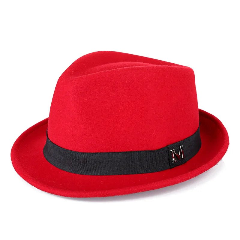 Men's winter felt fedora hat by MANDOTOS INTERNATIONAL, wool jazz cap with narrow brim, classic Homburg style for gentlemen.