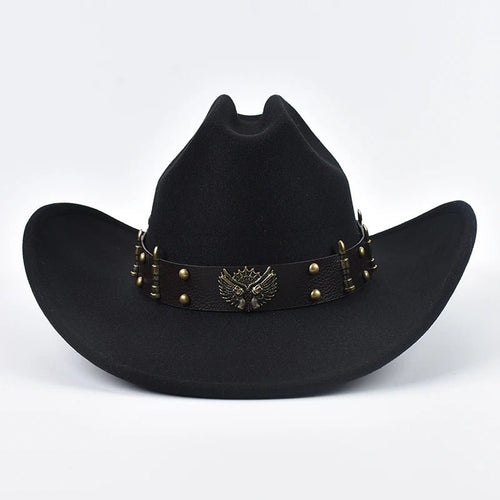 Men and women wearing vintage leather cowboy hats with big brims, western style, by MANDOTOS INTERNATIONAL.