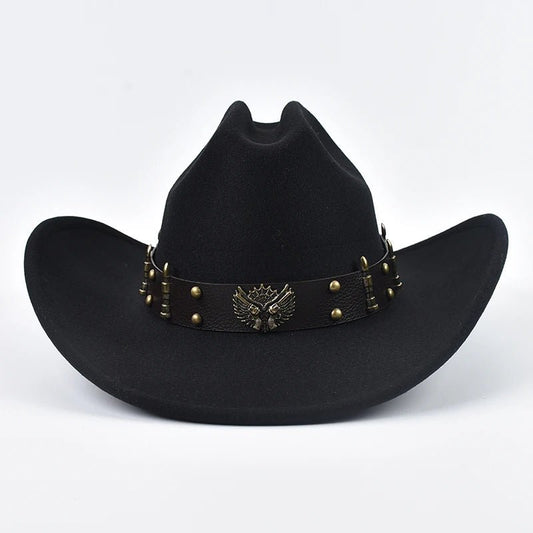 Men and women wearing vintage leather cowboy hats with big brims, western style, by MANDOTOS INTERNATIONAL.