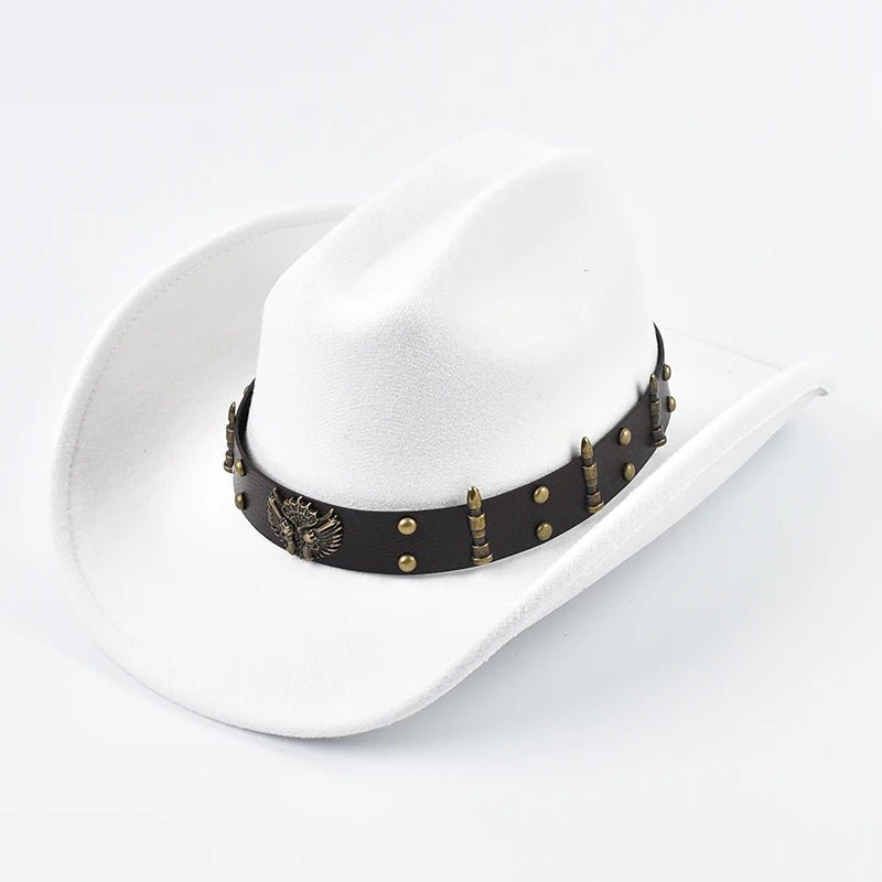 Mandotos International men's and women's Western cowboy hat with leather, vintage style, big edge, cloche design, suitable for cowgirl or church wear.