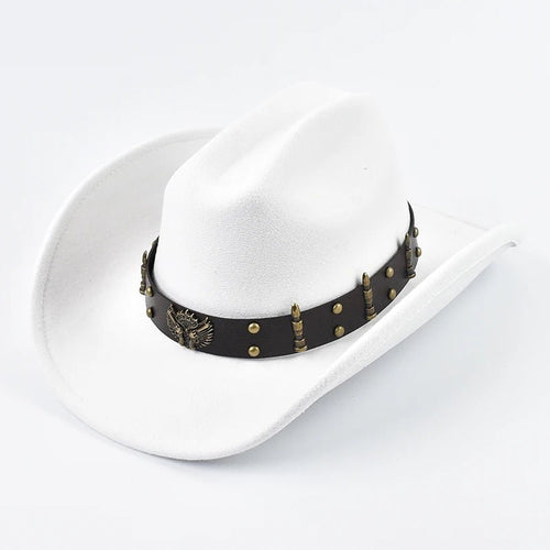 Mandotos International men's and women's Western cowboy hat with leather, vintage style, big edge, cloche design, suitable for cowgirl or church wear.