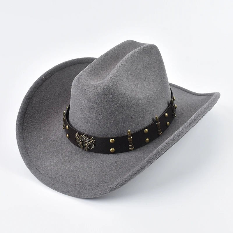 Men and women Western cowboy hat with leather, vintage style, big-edge brim, suitable for cowgirl or church wear, by MANDOTOS INTERNATIONAL.