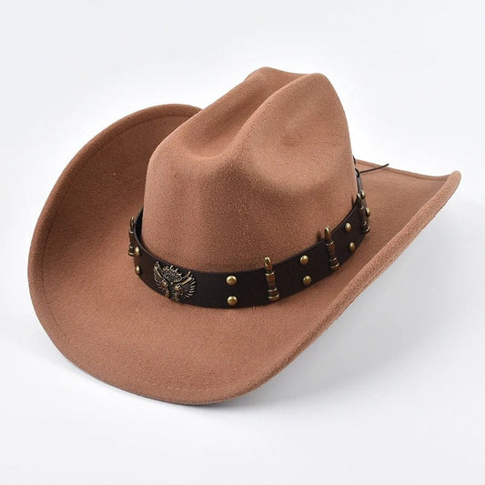 Mandotos International men's and women's Western cowboy hat with leather, vintage style, big edge, and cloche design.