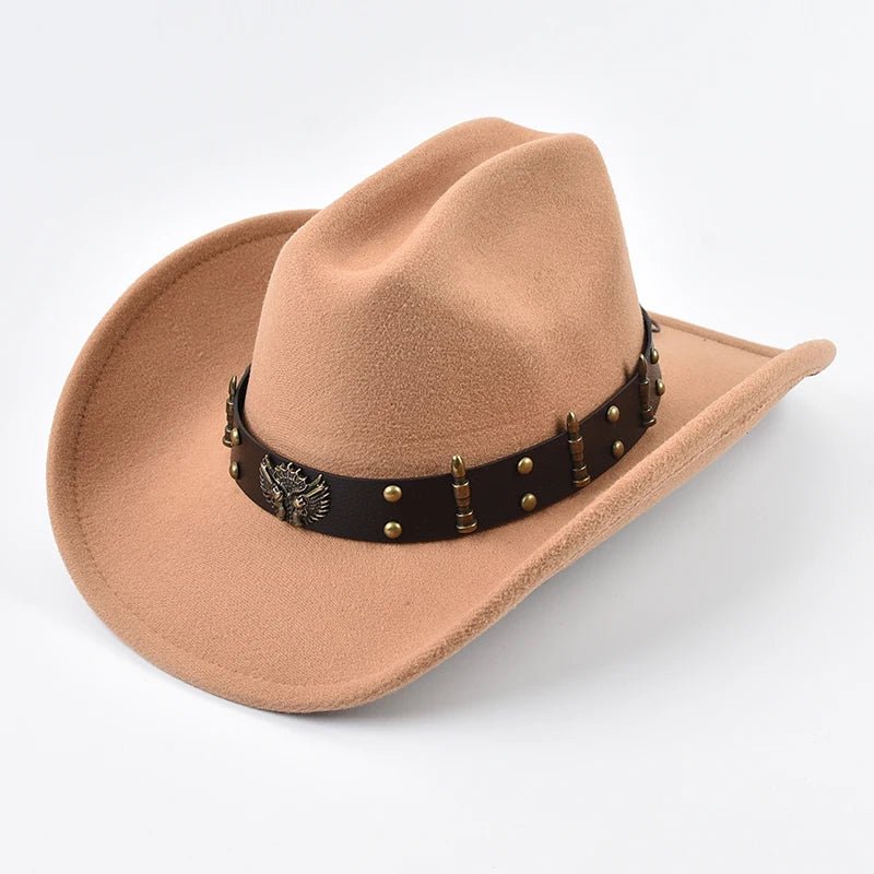 Western cowboy hat by MANDOTOS INTERNATIONAL, vintage leather design with big brim, suitable for men and women.