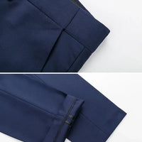 Mandotos International men's 3-piece business suit set with jacket, vest, and pants in various sizes and colors.
