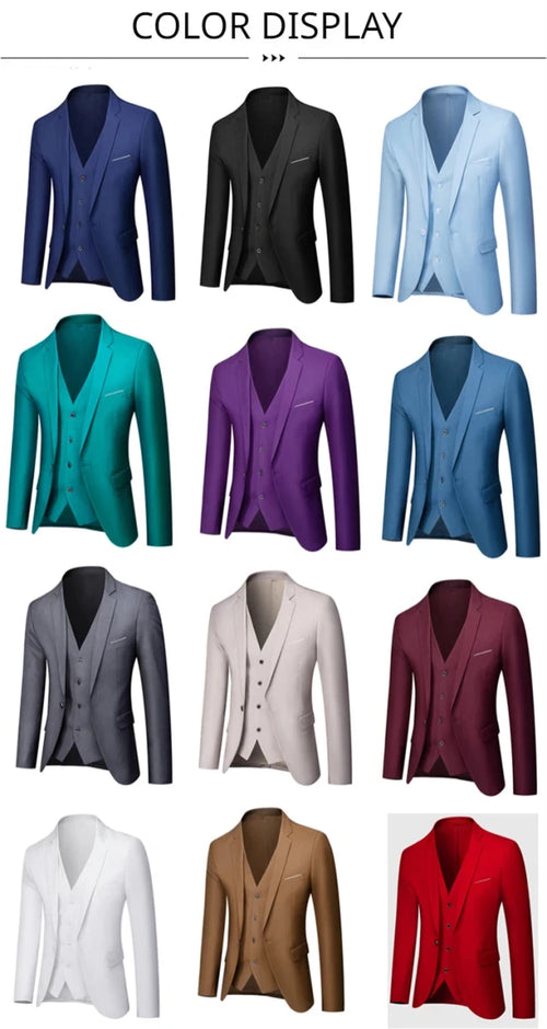 Men's 3-piece business suit set from MANDOTOS INTERNATIONAL with jacket, vest, and pants in various sizes and colors.