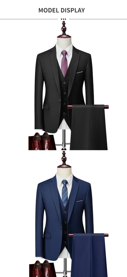 Mandotos International men's 3-piece business suit set with jacket, vest, and pants in various sizes and colors displayed.