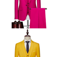 Men's 3-piece business suit set by MANDOTOS INTERNATIONAL with jacket, vest, and pants in various sizes and colors.