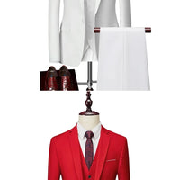 Men's 3-piece business suit set including jacket, vest, and pants in various sizes and colors by MANDOTOS INTERNATIONAL.