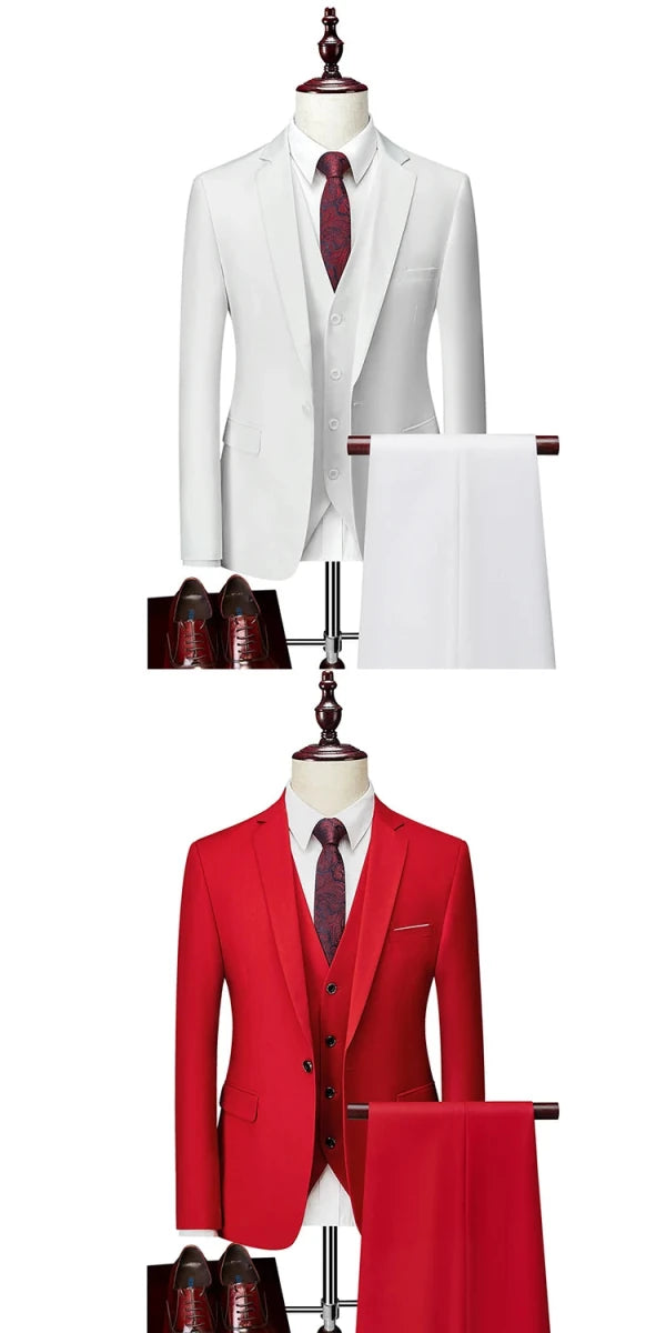 Men's 3-piece business suit set including jacket, vest, and pants in various sizes and colors by MANDOTOS INTERNATIONAL.