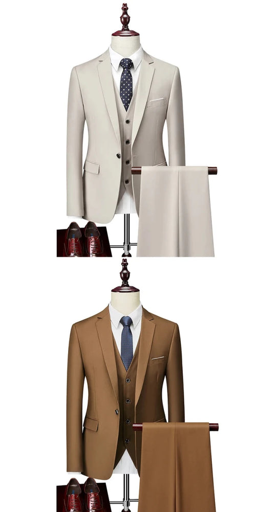 Men's 3-piece business suit set by Mandotos International, including jacket, vest, and pants in various sizes and colors.
