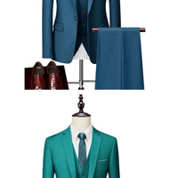 Men's 3-piece business suit set by Mandotos International, including jacket, vest, and pants in various sizes and colors.