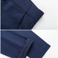Men's 3-piece business suit set by Mandotos International, jacket, vest, and pants in various sizes and colors.