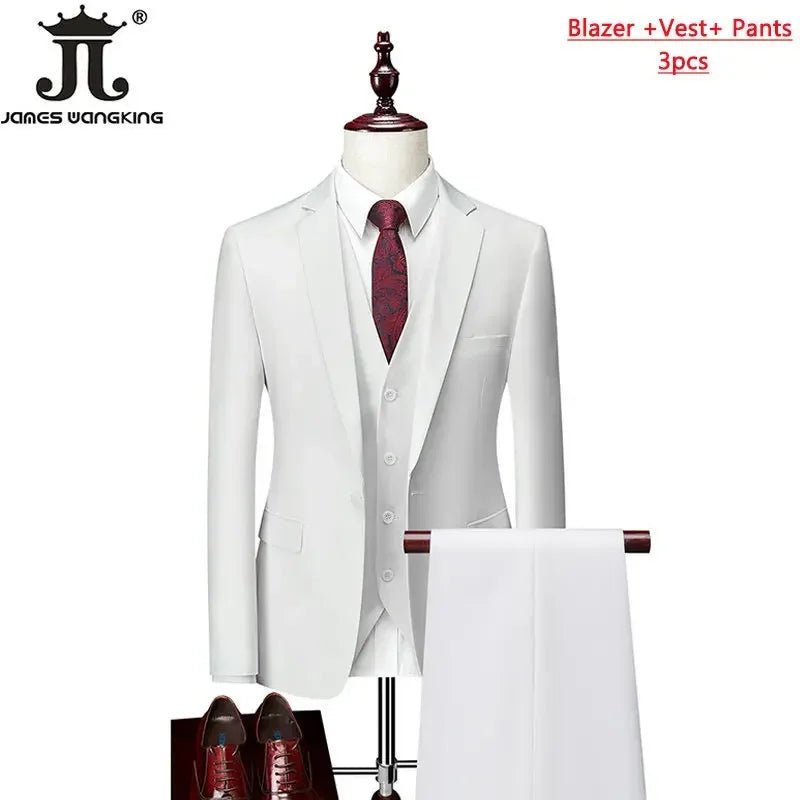 Men's 3-piece business suit set by Mandotos International, includes jacket, vest, and pants in various sizes and colors.