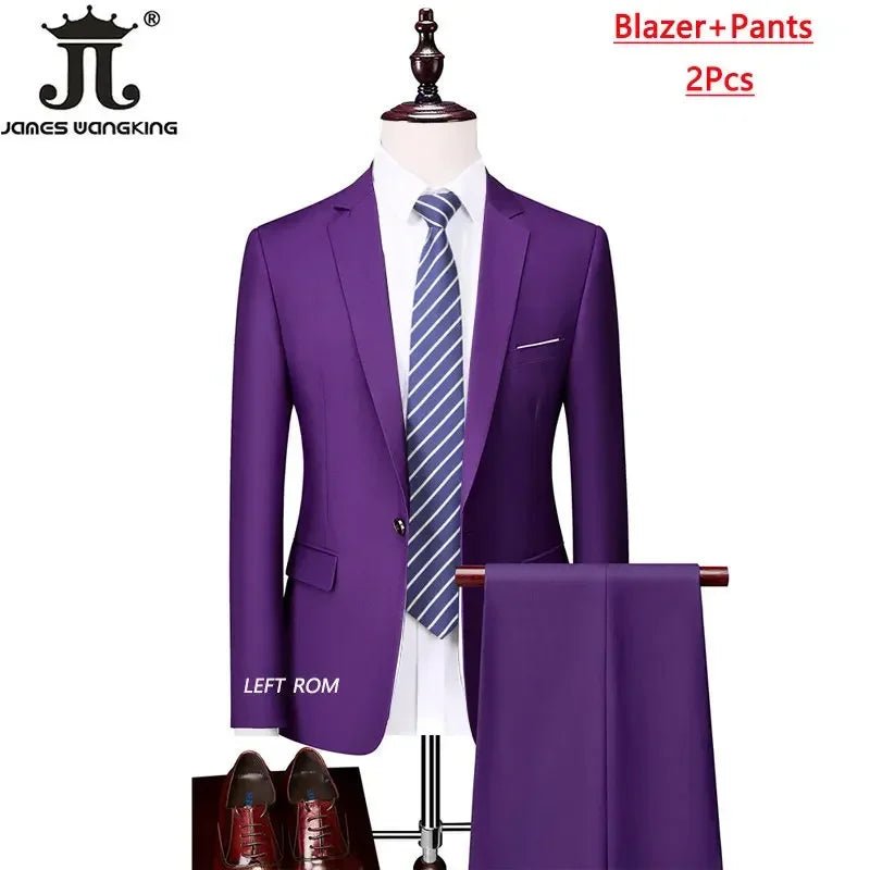 Mens 3-piece business suit set by MANDOTOS INTERNATIONAL, including jacket, vest, and pants in various sizes and colors.