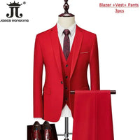 Mens 3-piece business suit set from MANDOTOS INTERNATIONAL, including jacket, vest, and pants in various sizes and colors.