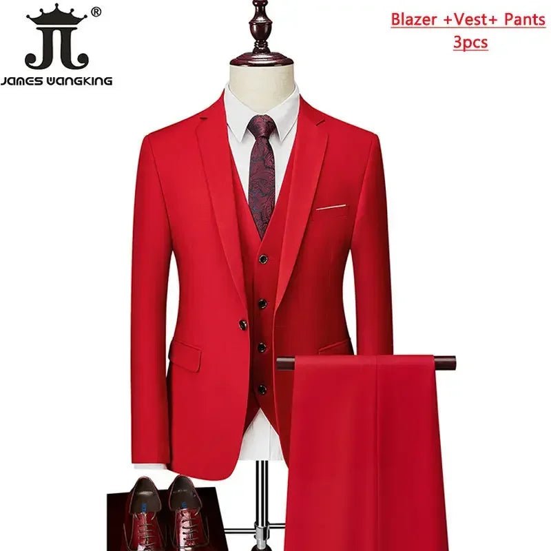 Mens 3-piece business suit set from MANDOTOS INTERNATIONAL, including jacket, vest, and pants in various sizes and colors.