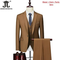 Mandotos International men's 3-piece business suit set with jacket, vest, and pants in various sizes and colors, tailored fit.