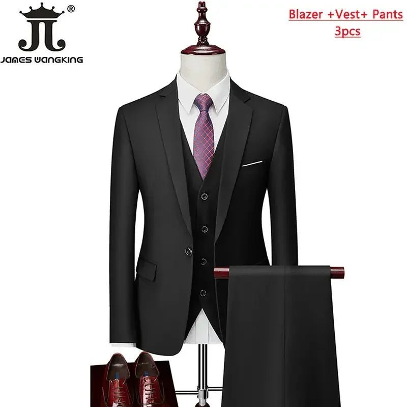 Men's 3-piece business suit set by Mandotos International including jacket, vest, and pants in various sizes and colors.