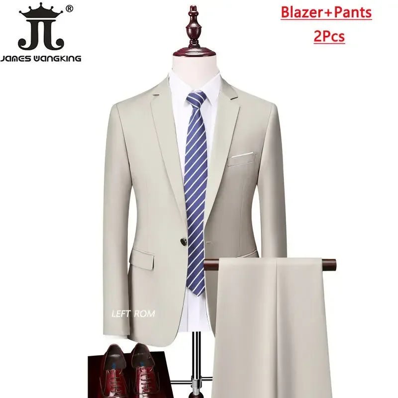Men's 3-piece business suit set by Mandotos International, including jacket, vest, and pants in various sizes and colors.