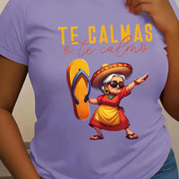 Mandotos International Mexican Mama print T-shirt for women, casual short sleeve round neck top in polyester knit fabric.