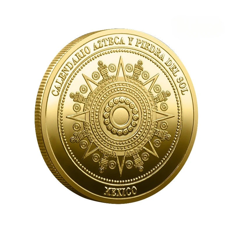 Mexican Maya Calendar and Aztec Commemorative Coins Set by MANDOTOS INTERNATIONAL, featuring detailed ancient calendar and coin designs.