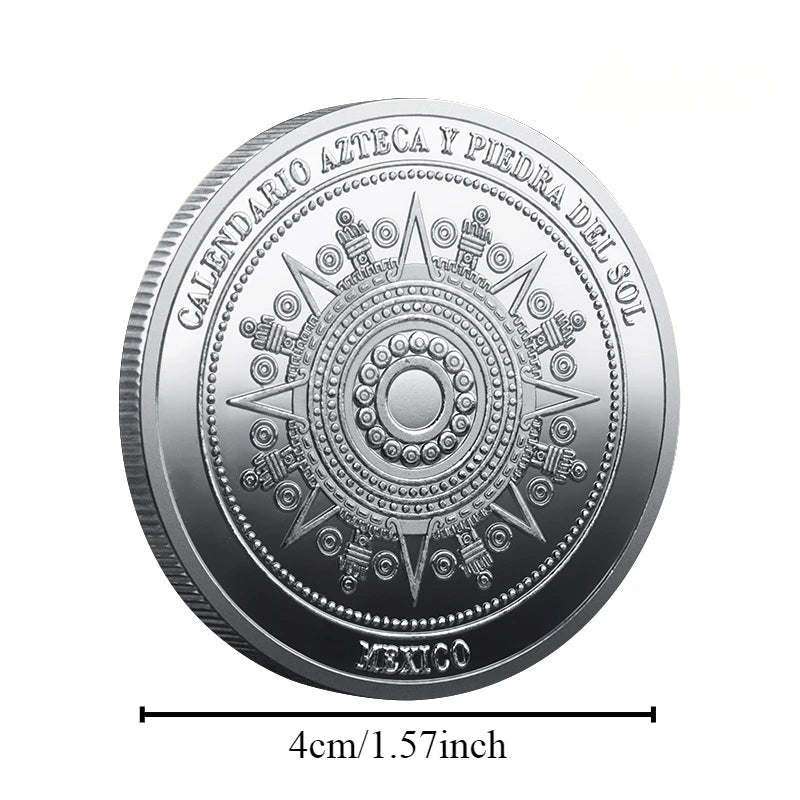 Mexican Maya Calendar and Aztec Commemorative Coins Set by MANDOTOS INTERNATIONAL displayed together in a display case.