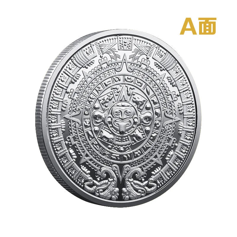 Mexican Maya Calendar and Aztec Commemorative Coins Set by MANDOTOS INTERNATIONAL, featuring intricate designs and historical symbols.