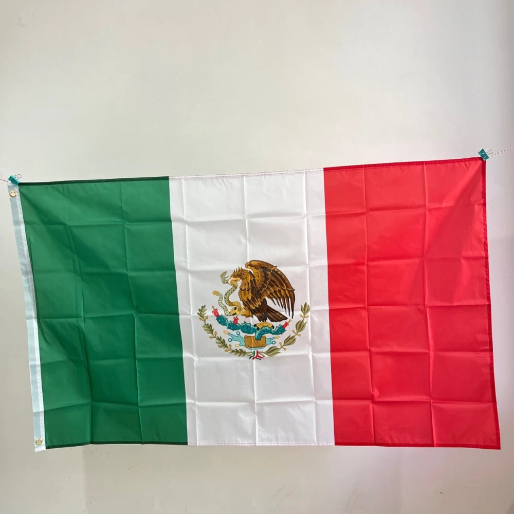 Mexico national flag in 90x150cm polyester with hanging printed design, featuring vibrant colors and the Mexican coat of arms.