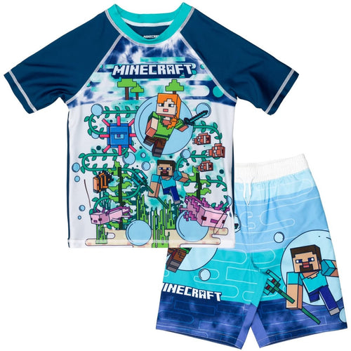 Minecraft Adventure boys' UPF 50+ swim set in blue, designed for age 8, by Mandotos International, featuring colorful Minecraft graphics.