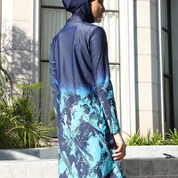 Mandotos International modest coverage Muslim burkini in navy blue, stylish and functional swimwear for middle-aged women.