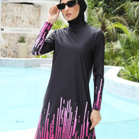 Mandotos International modest coverage Muslim burkini in navy blue with long sleeves, full-body swimwear for middle-aged women.