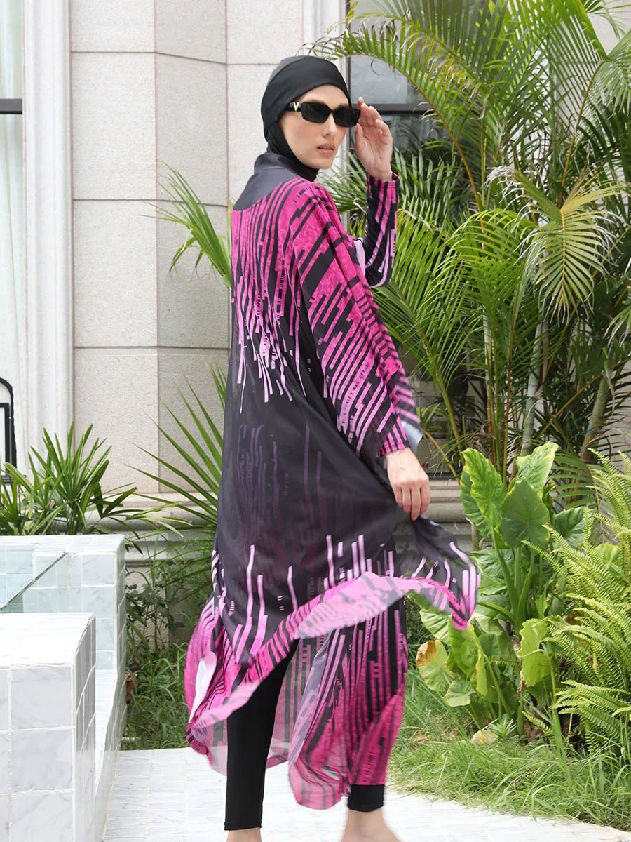 Mandotos International modest coverage Muslim burkini in navy blue, stylish swimwear with full coverage for middle-aged women.